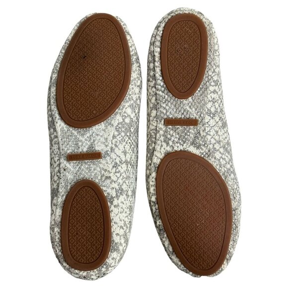 TORY BURCH Travel T Snake Embossed Sparkling Leather Ballet Flats Roccia 9M - Picture 8 of 12